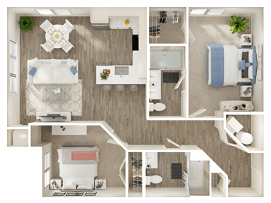 Floor plan for 2 beds, 2 baths, 1033 sqft